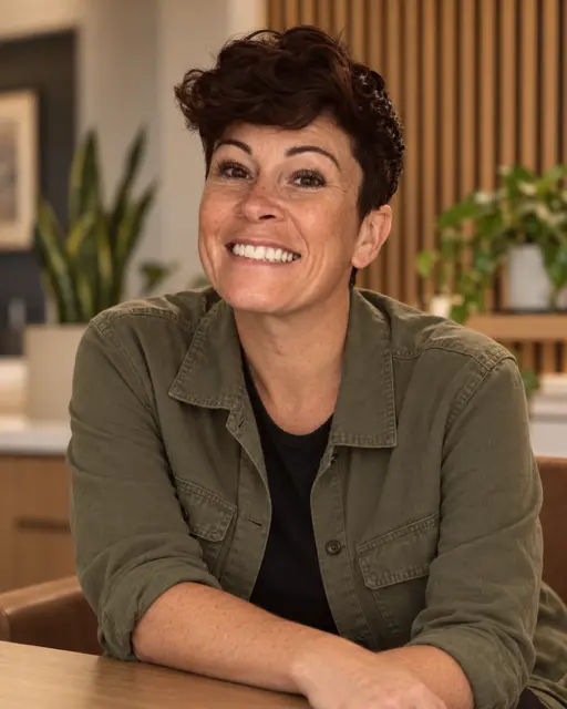 Tori Salas, smiling, wearing an olive jacket and seated at a wooden table